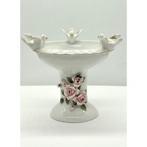 Lefton China Vintage Porcelain Bird Bath Figurine Pink Roses Doves Gold Trim